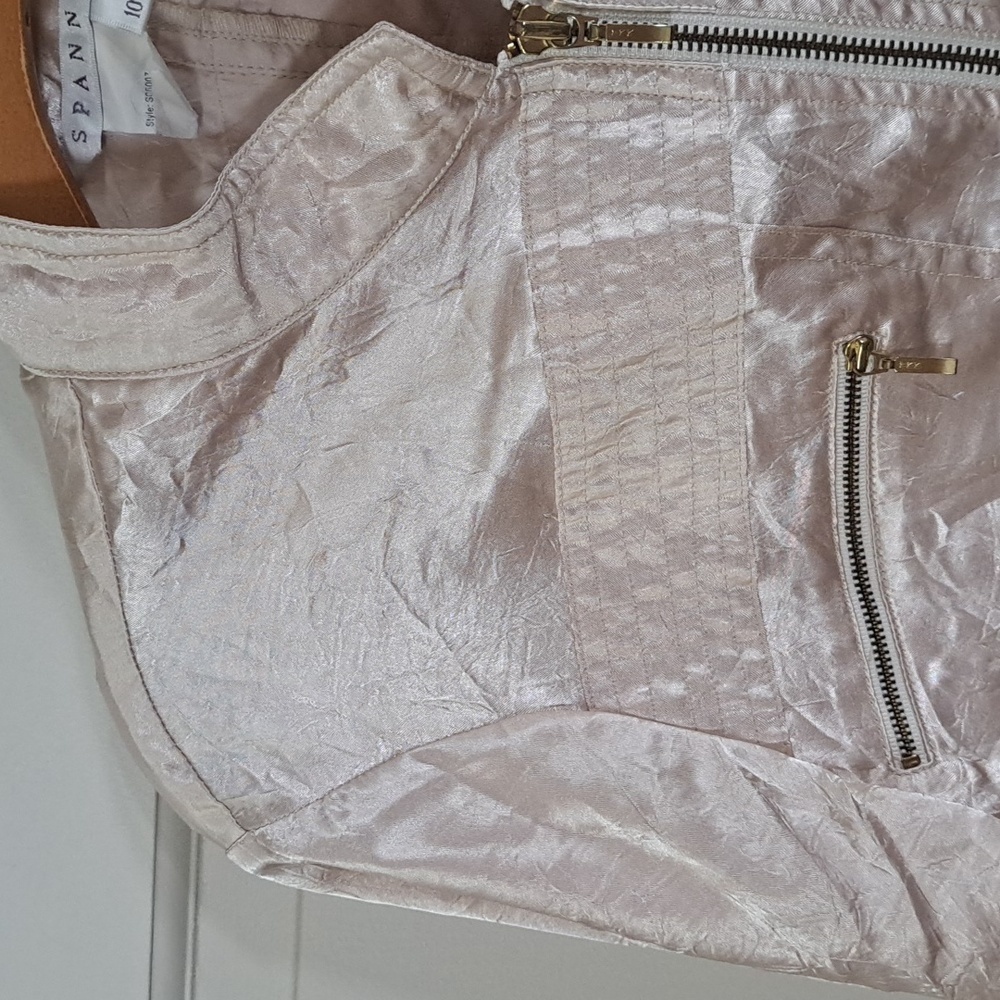 Spanner Stylish Cream Lightweight Sheen Zip Up Bomber Jacket with Pockets Shiny - Picture 4 of 11
